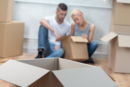 Packed office items ready for transport during a Silvertown business move