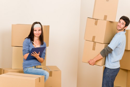 Packed boxes and furniture prepared for a removal van move in Silvertown