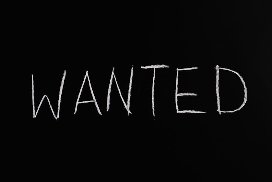 A photograph displays the word 'WANTED' handwritten in white chalk on a black background. The letters are uneven and slightly smudged, with some appearing more faded than others, suggesting a rough, urgent notice. The black backdrop contrasts sharply with the white chalk, emphasizing the text. This image could be associated with moving or relocation contexts, such as notices or signs related to property, but in this case, it appears as a simple, stylized illustration or message. The scene is minimalistic and does not include any other objects, furniture, or environmental details, focusing solely on the handwritten word.